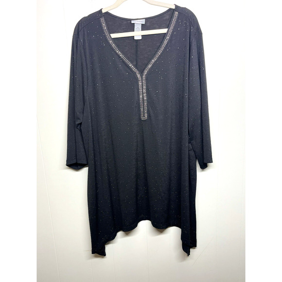 Catherines Asymmetrical Metallic Dot Tunic Top Beaded Neck Black Stretch Size 3X - Picture 1 of 10